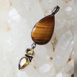 NWOT Natural Tiger's Eye & Citrine Drop Artisan .925 Sterling Overlay Pendant